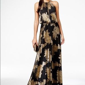 Black and Gold Floral Halter Maxi Dress